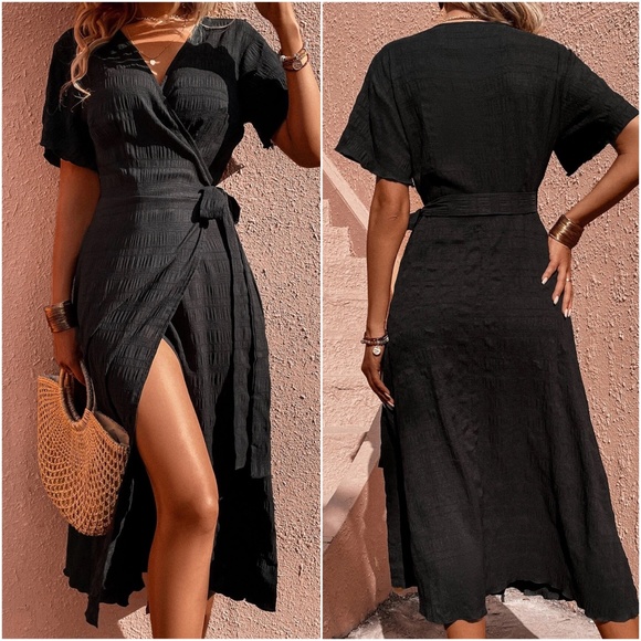 Classic Textured Batwing Sleeve Wrap Midi Dress - Picture 7 of 7